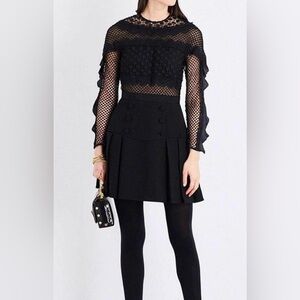 Self-Portrait Black Bellis Lace and Crepe Ruffled Mini Dress